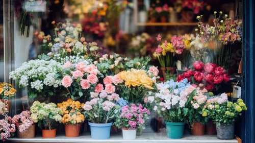 a flower-filled window display in a florists shop, with various blooms and plants on display.
