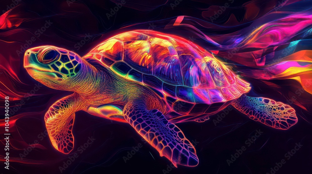 A colorful, digital illustration of a sea turtle swimming through vibrant, abstract water.