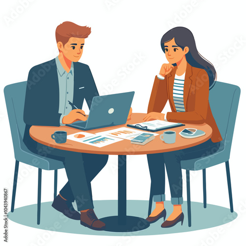 Partners meeting for business discussion with documents and laptop on desk. Couple at round table, speaking, discussing work, partnership. Flat vector on a white background