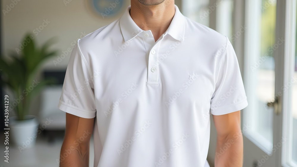 Mock-up of a white T-shirt with the image of a man with a beard, stylish street clothes for design, printing, pattern, branding, front view Mock-up of a white T-shirt with the image of a man with a beard, stylish street clothes for design, printing, pattern, branding, front view