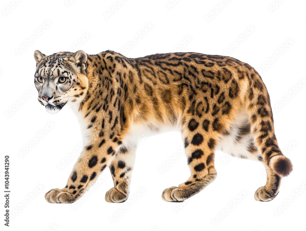 A majestic snow leopard with a striking spotted coat stands gracefully. A majestic snow leopard with a striking spotted coat stands gracefully.