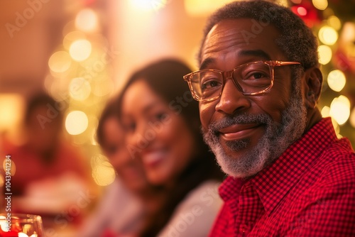 multigenerational Black family gathered around a festive table, one person in a bold red gingham shirt, a Christmas tree in the background