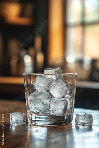 A glass filled with ice cubes on a wooden table illuminated by warm sunlight in the afternoon