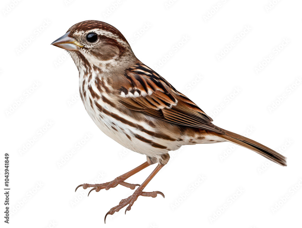 Close-up of a song sparrow showcasing its intricate brown and white plumage. Close-up of a song sparrow showcasing its intricate brown and white plumage.
