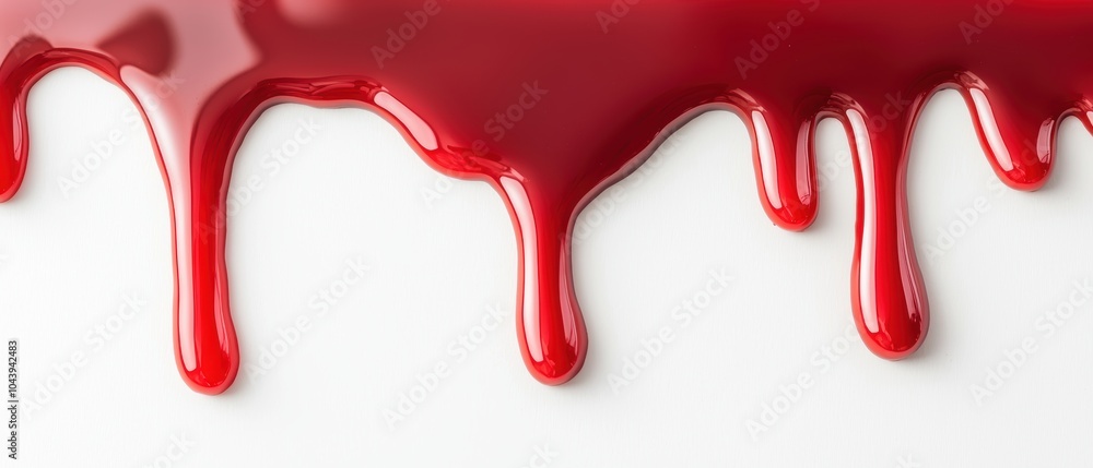 Vibrant red fluid dripping with glossy, thick texture, creating an abstract and captivating pattern against a minimalist white background Vibrant red fluid dripping with glossy, thick texture, creating an abstract and captivating pattern against a minimalist white background
