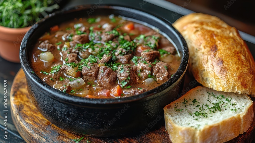 rich beef bourguignon served in a rustic cast iron pot garnished with fresh herbs alongside a crusty loaf of bread evoking warmth and comfort through a delectable culinary composition rich beef bourguignon served in a rustic cast iron pot garnished with fresh herbs alongside a crusty loaf of bread evoking warmth and comfort through a delectable culinary composition