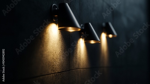 Wallpaper Mural Three modern wall lights with warm light illuminate a dark tiled wall. Torontodigital.ca