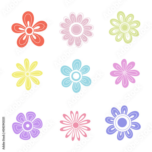 A set of abstract multicolored hand-drawn flowers isolated on a white background, vector, doodle. A decorative blooming element for a holiday, decoration, design, decoration. A beautiful spring flower