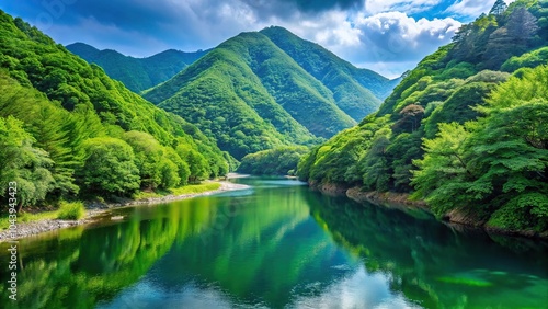 Scenery of Shimanto River and green mountains in May