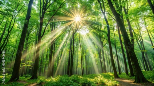 Close-Up Sun beams through dense green forest branches