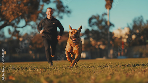 Happy dog running alongside a person in a sunny park. photo