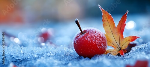 China has 24 solar terms, frost, one yellow leaf, and one red fruit crabapple. Frost adheres to maple leaves and crabapple fruits, causing a sudden drop in temperature, snow, cold colors closeup photo