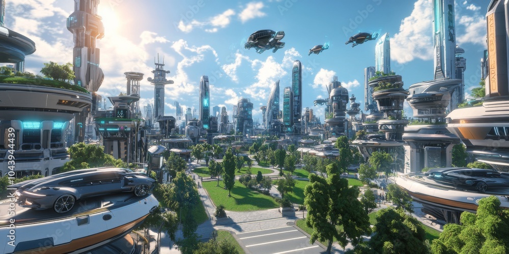Fototapeta premium A futuristic city with tall, shiny buildings and flying cars. There's a big, green park with trees and grass in the middle. It's a cool, modern city with lots of technology.