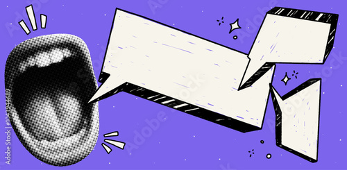 Collage banner featuring a screaming mouth and speech bubble. Halftone and paper sticker vector art with abstract shapes and doodle elements.