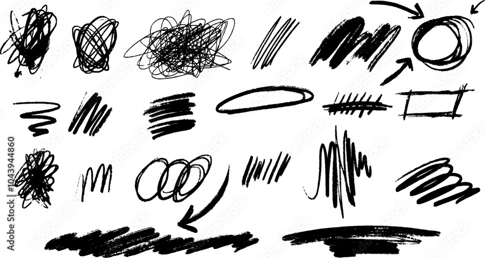 Whimsical punk design featuring a messy scribble and scratch effect. Hand drawn abstract elements include stripes and swirls in brush and chalk textures.