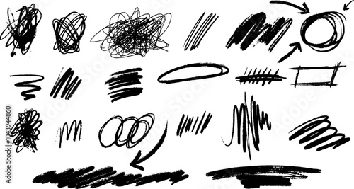 Whimsical punk design featuring a messy scribble and scratch effect. Hand drawn abstract elements include stripes and swirls in brush and chalk textures.