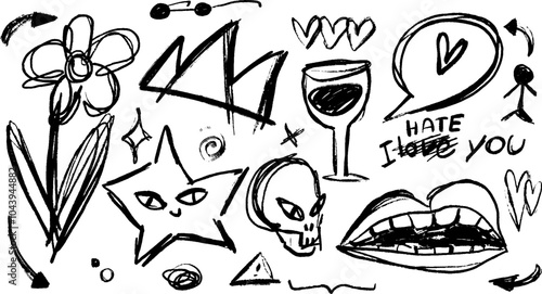 Whimsical vector set featuring a doodle of a messy flower, star, scull, heart, glass, mouth. Punkstyle design, scratchy lines, stylish doodles.