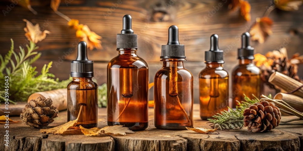 Autumnal Essential Oils Still Life on Rustic Wooden Background, essential oils, autumn Autumnal Essential Oils Still Life on Rustic Wooden Background, essential oils, autumn