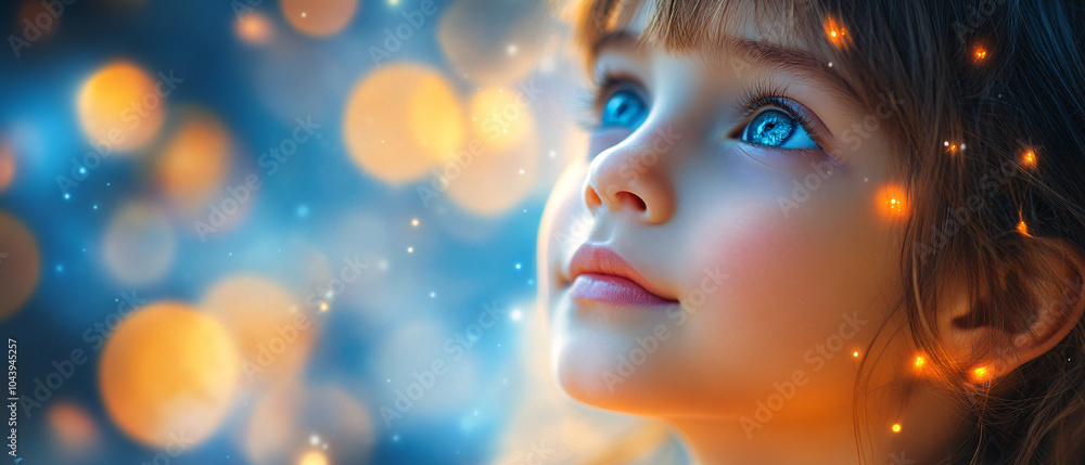 CloseUp Portrait of a Young Girl with Blue Eyes Looking Up at Lights CloseUp Portrait of a Young Girl with Blue Eyes Looking Up at Lights