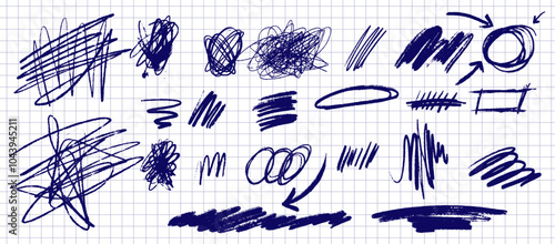 Vector set of hand drawn pencil and marker scribbles. Messy lines, arrows, and shapes with  crayon textures. Grunge strokes, swirl elements, arrows.