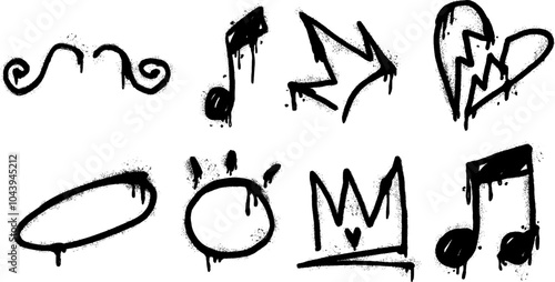 Vector art set featuring a street style graffiti of a broken heart, crown, note, oval shape and mustache.