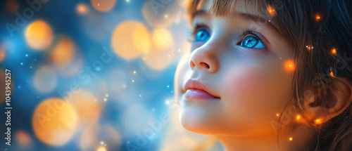 CloseUp Portrait of a Young Girl with Blue Eyes Looking Up at Lights