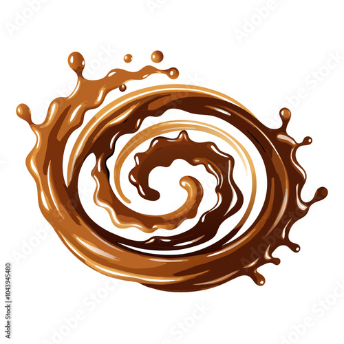 3d realistic swirl of hot chocolate and stream of caramel. Brown liquid food with splashes vector (11)