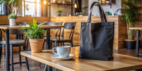 Black Tote Bag on Wooden Ta...