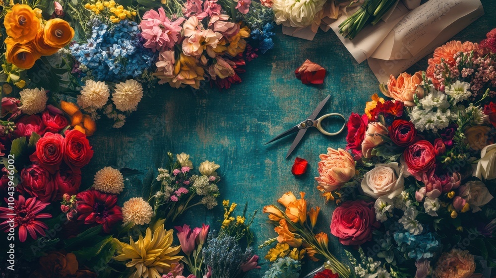 Fototapeta premium A florist table covered in vibrant flowers, scissors, ribbons, and wrapping paper, ready for the next arrangement.