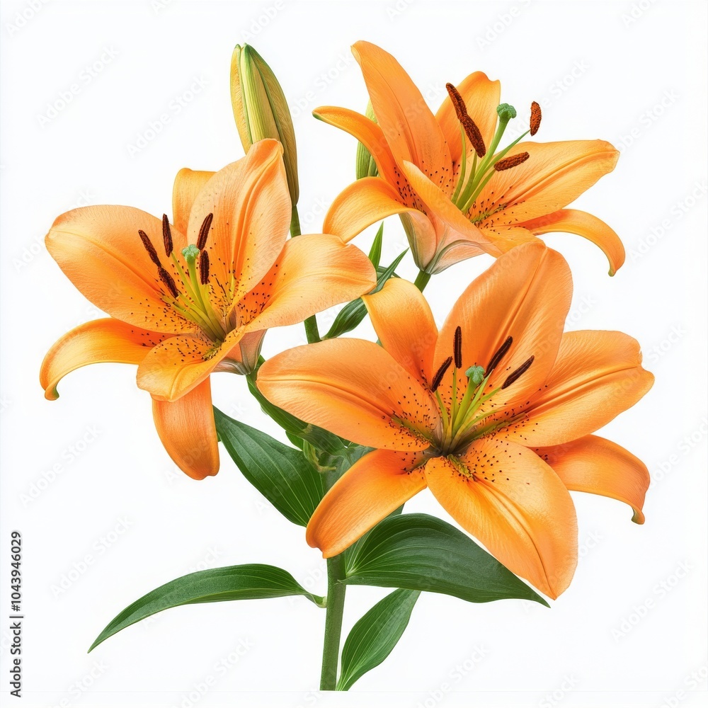 Fototapeta premium A beautiful bouquet of orange lilies with vibrant petals and green leaves against a plain background
