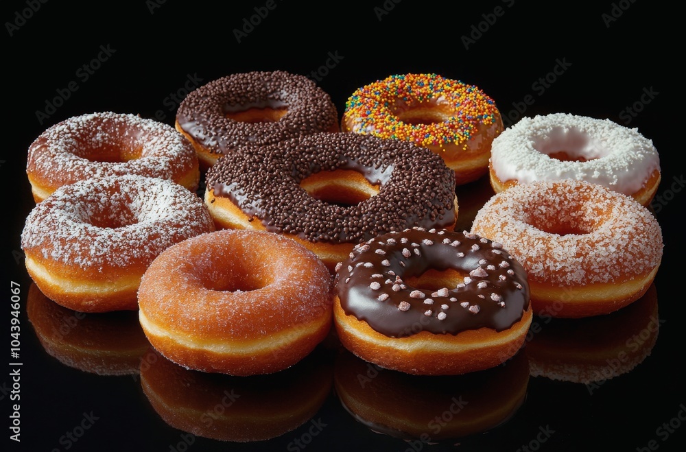 Assorted donuts with chocolate and sprinkles displayed against a dark background Assorted donuts with chocolate and sprinkles displayed against a dark background
