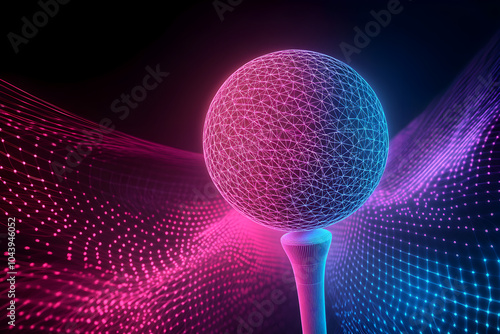 Vibrant neon wireframe of golf ball on tee icon isotated on black background photo