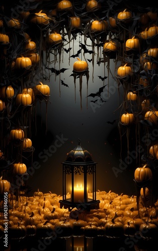 Halloween background with pumpkins, lanterns, candles and bats. photo