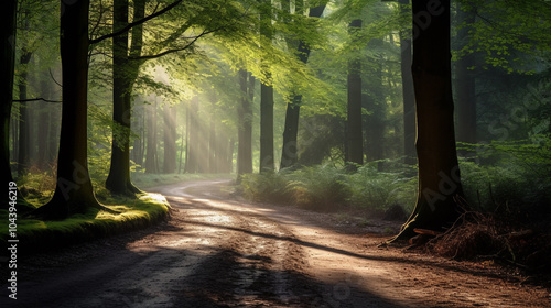  a road in the forest in the morning with the sun behind the green trees