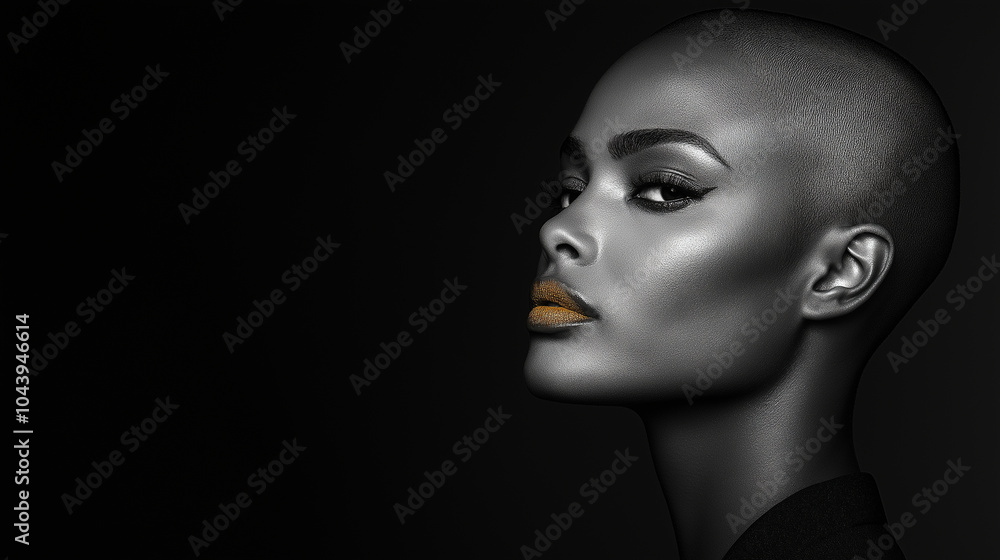 A striking black and white side profile of a person with a shaved head, standing tall and exuding strength. The intense gaze locks with the viewer, while the rich gold lipstick cre A striking black and white side profile of a person with a shaved head, standing tall and exuding strength. The intense gaze locks with the viewer, while the rich gold lipstick cre