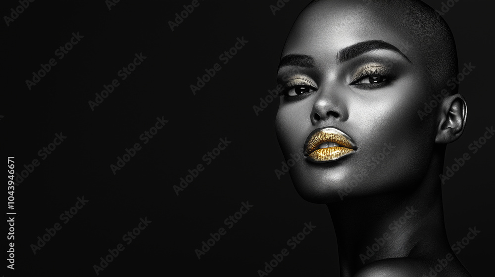 A dramatic full-body black and white photograph of a person with a shaved head, captured from the side. Their piercing eye contact adds intensity to the shot, while the gold lipsti A dramatic full-body black and white photograph of a person with a shaved head, captured from the side. Their piercing eye contact adds intensity to the shot, while the gold lipsti
