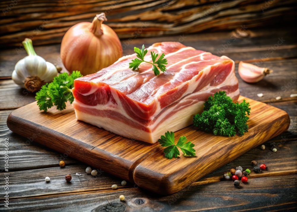 Juicy pork belly block displayed on a rustic wooden board, perfect for home cooking and culinary preparation, ready to transform your next meal. Juicy pork belly block displayed on a rustic wooden board, perfect for home cooking and culinary preparation, ready to transform your next meal.