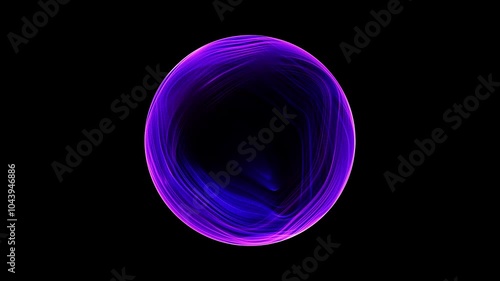 Abstract luminous sphere of shiny pink and blue particles of magical glow on a dark background. Energy ball of bright dots orb. Purple movement of a spherical sphere. Seamless looping 4k video.