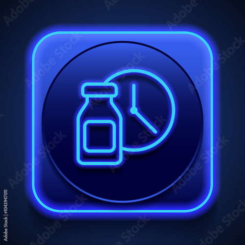 Vial bottle, vaccination time simple icon vector. Flat design. Blue neon style on button. With shadow