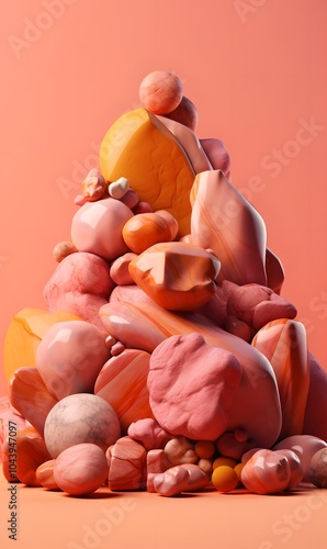 Vibrant abstract sculpture of colorful marbled stones on a minimalist orange background photo