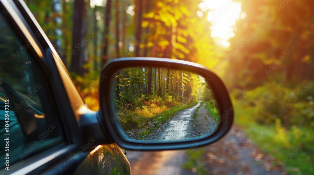Forest Road Reflected in Side Mirror - Autumn Scenery Forest Road Reflected in Side Mirror - Autumn Scenery