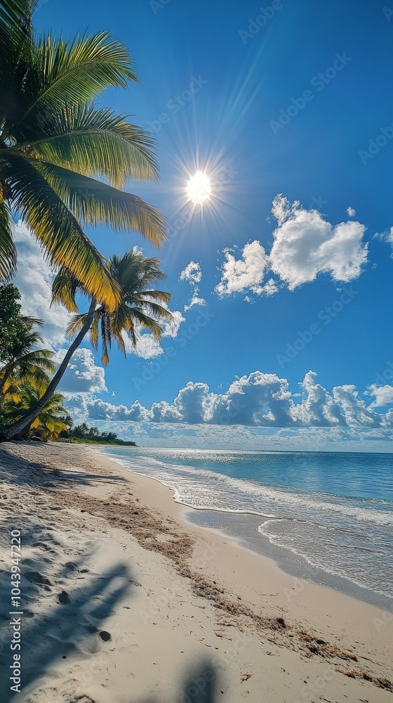 Fototapeta premium A sunny beach with palm trees under a bright sky in a tropical paradise