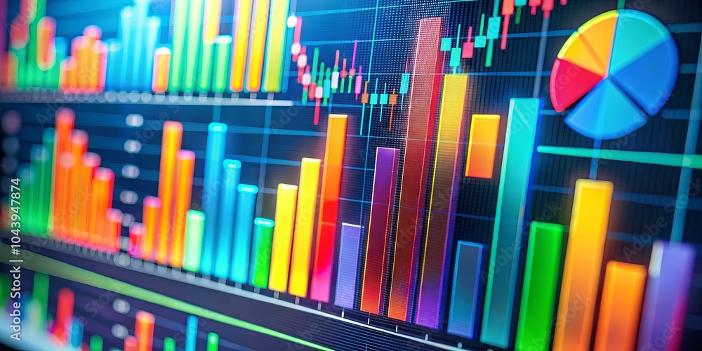 Digital Abstract Bar Chart and Pie Chart with Vibrant Colors, Data Visualization, Business Analytics, Data Analysis, Stock Market Digital Abstract Bar Chart and Pie Chart with Vibrant Colors, Data Visualization, Business Analytics, Data Analysis, Stock Market
