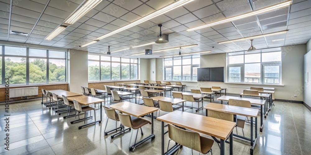 Empty Classroom with Wooden Desks and Chairs, Wide Shot, Interior Design, Education, School ,classroom, furniture Empty Classroom with Wooden Desks and Chairs, Wide Shot, Interior Design, Education, School ,classroom, furniture