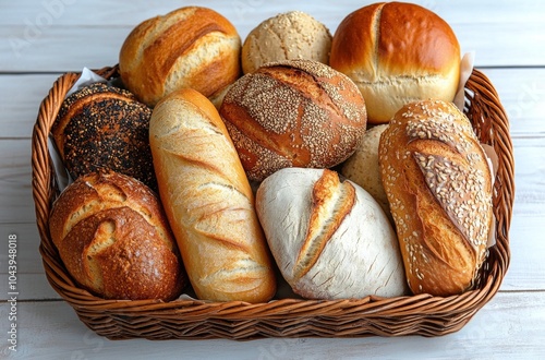 A selection of freshly baked bread loaves displayed in a woven basket on a wooden table photo