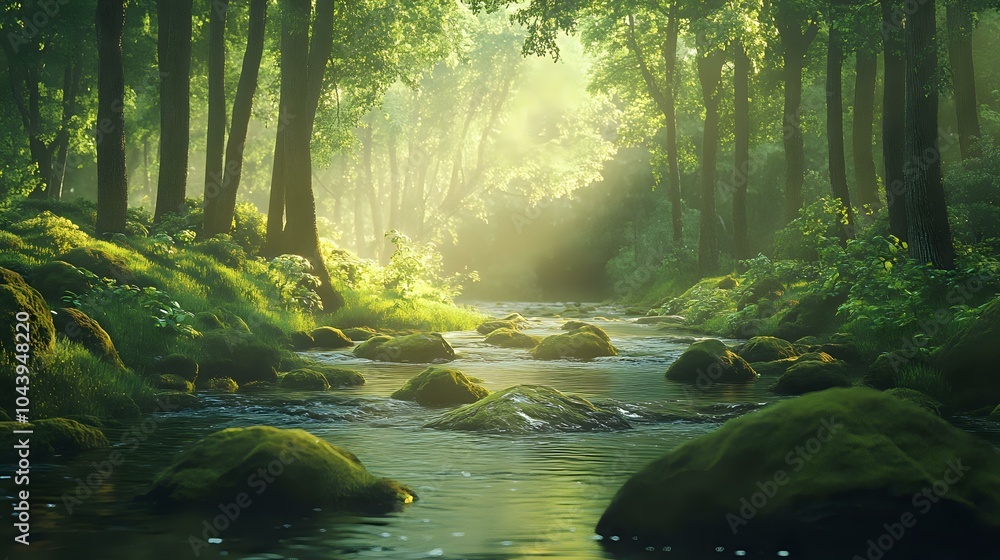 Calm river flowing through a dense forest with moss-covered rocks and soft sunlight illuminating the water, creating a tranquil scene Calm river flowing through a dense forest with moss-covered rocks and soft sunlight illuminating the water, creating a tranquil scene