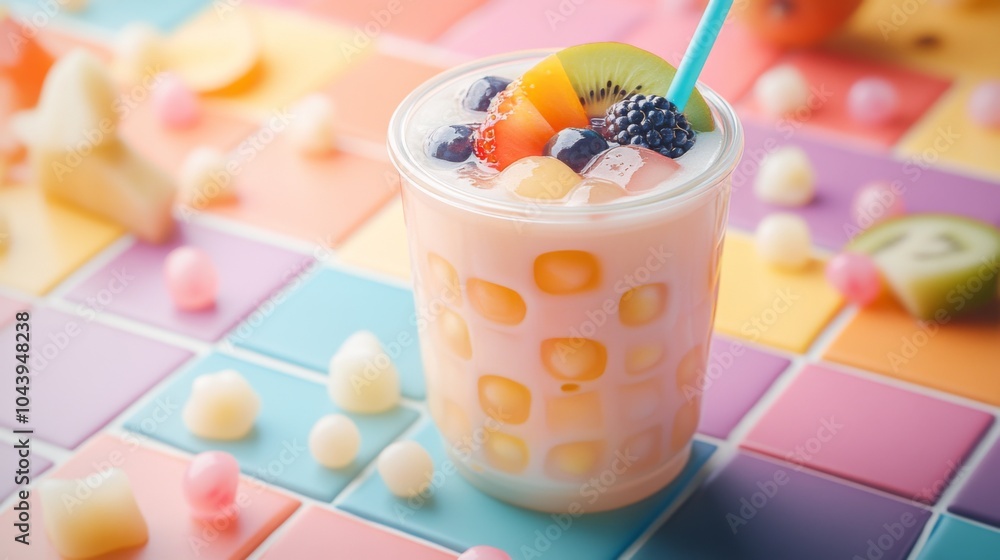 Refreshing Fruit Cocktail in Colorful Cup Refreshing Fruit Cocktail in Colorful Cup