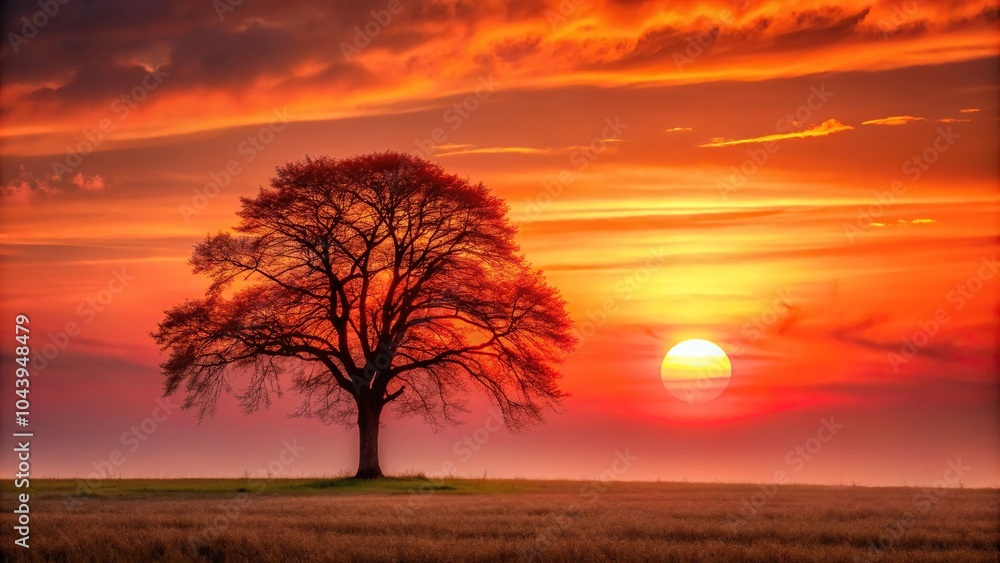 Close-Up Tree Sunset Red Sky Sun Field Close-Up Tree Sunset Red Sky Sun Field