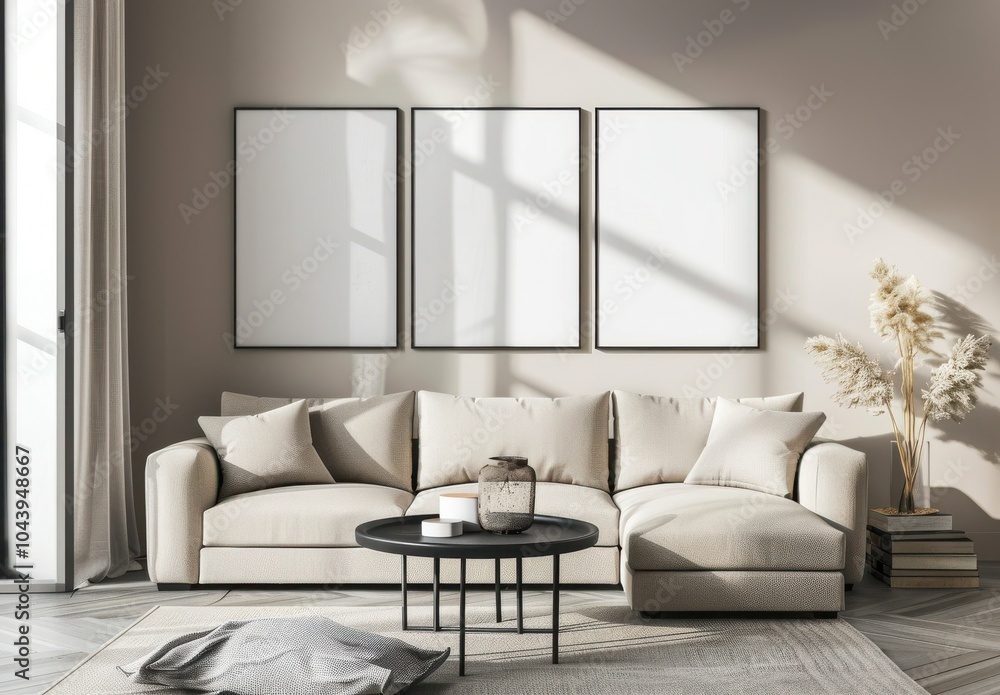 Fototapeta premium 「モダンでミニマルなリビングルームのインテリアデザイン。壁に白い額縁、ベージュのソファ、コーヒーテーブル、観葉植物、ラグ、スタイリッシュなアクセサリー。3Dレンダリング。