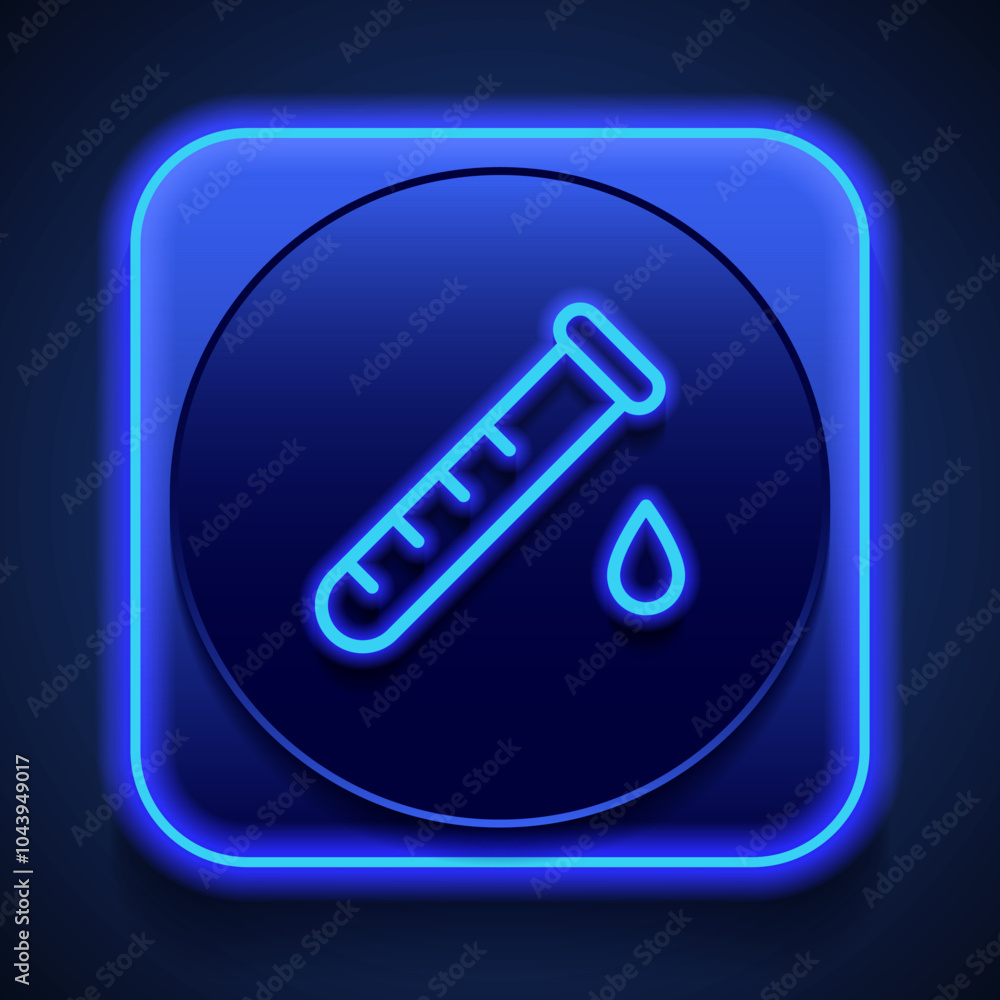 Test tube and drop simple icon vector. Flat design. Blue neon style on button. With shadow Test tube and drop simple icon vector. Flat design. Blue neon style on button. With shadow